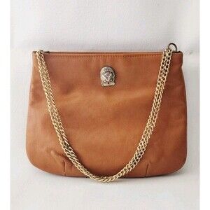 Vintage Ruth Saltz Purse Handbag Owl Head Cognac Leather Double Chain Strap